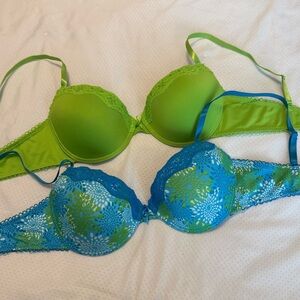 2 Love Affair Bras Blue Floral & Green Size 36C Underwire